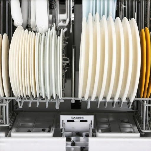 Close up of a well organized small countertop dishwasher interior showing proper plate spacing