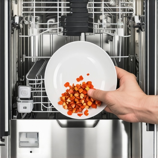 Close-up of food particles on a plate being loaded into a high-tech dishwasher to trigger turbidity sensors.