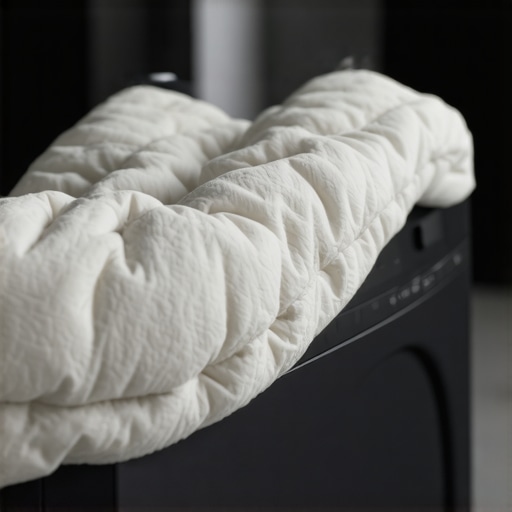 A washing machine control panel with the bedding cycle selected next to a heavy duvet.