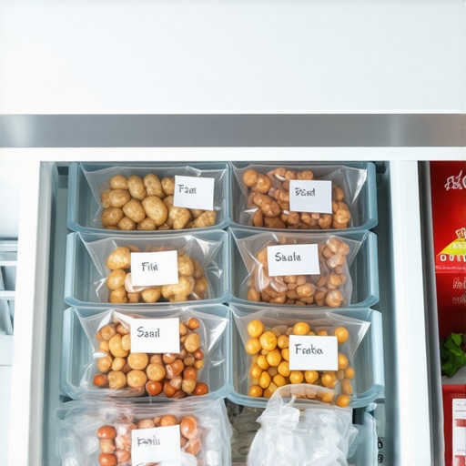 Organized Freezer File System A modern freezer drawer using the flat-freeze method with labeled bags and clear bins.