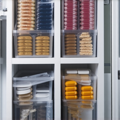 Organized Freezer with Vertical Filing Bins Close-up of a neatly organized freezer using clear bins and vertical filing for frozen food bags.
