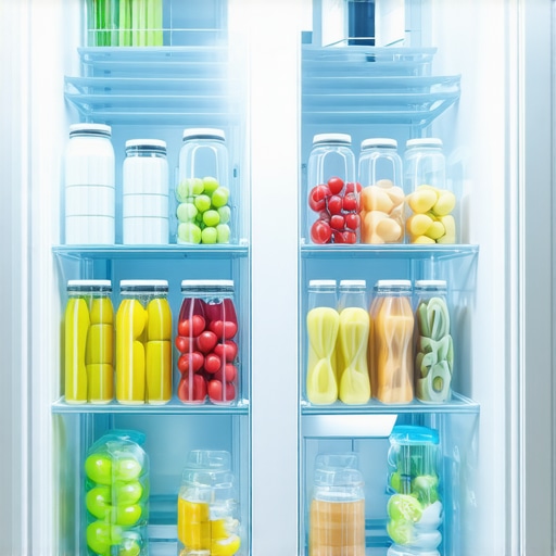 Organized Side-by-Side Refrigerator Interior Clear storage bins inside a narrow side-by-side refrigerator used to categorize food items and prevent clutter.