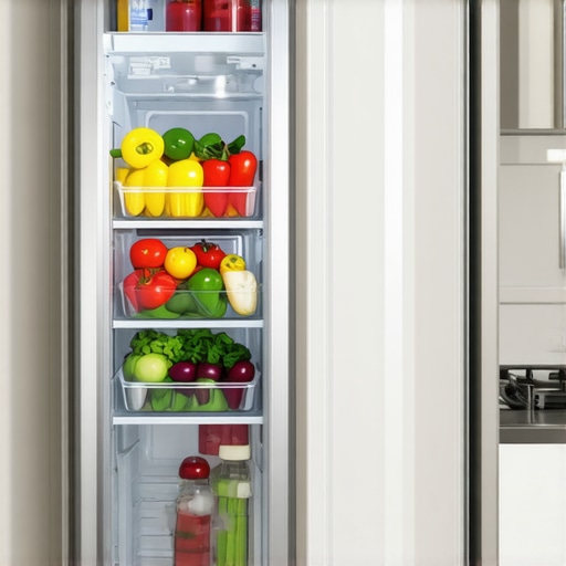 Organized Slim Refrigerator Interior Interior view of a slim refrigerator with vertical organization bins and adjustable shelves.