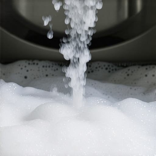 Over-sudsing in a modern washing machine drawer Excessive soap suds overflowing from a washing machine detergent compartment.