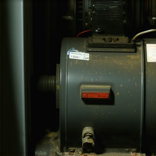 Overworked refrigerator compressor in a garage Close-up of a dusty refrigerator compressor showing signs of wear and overheating in a garage environment.