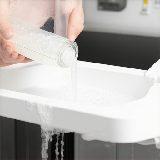 Pouring vinegar into a washing machine dispenser A person adding white vinegar to a washing machine to remove new appliance odors.