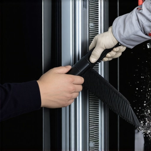 Cleaning dust from refrigerator coils with a brush and vacuum.