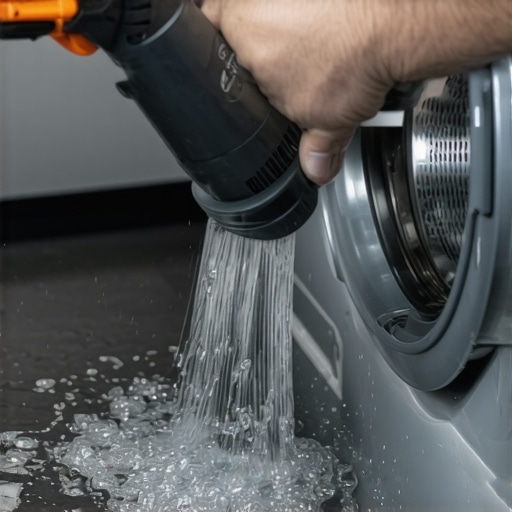 Handheld vacuum cleaning a washing machine pump filter to prevent flooding.