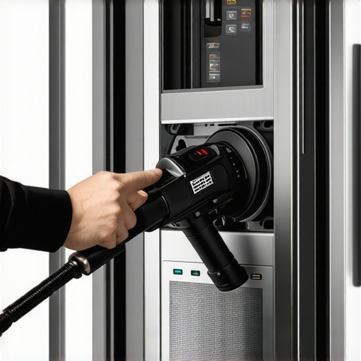 Person vacuuming dust from the back of a smart refrigerator to improve compressor life.