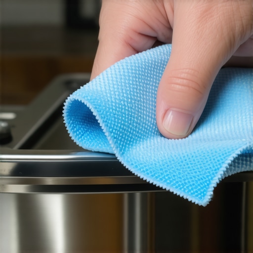 Professional Cleaning of a Dishwasher Gasket A hand using a microfiber cloth to clean the inner fold of a dishwasher rubber seal.