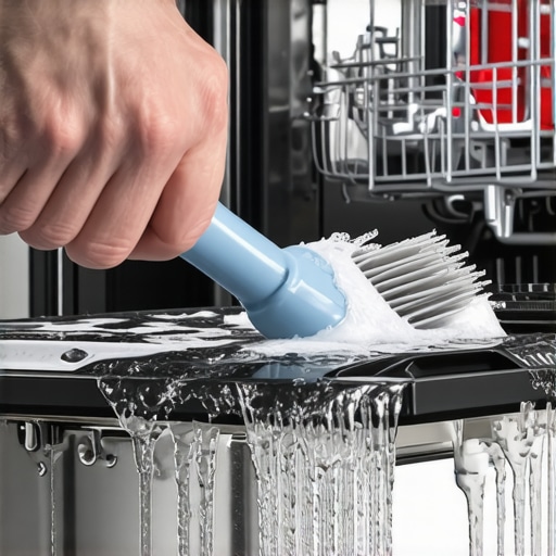 Professional Cleaning of a Dishwasher Rubber Gasket A person scrubbing a dishwasher door seal with a soft brush to prevent leaks and mold.