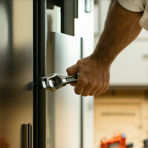 Close up of a hand adjusting a refrigerator leveling leg with a wrench for better stability.