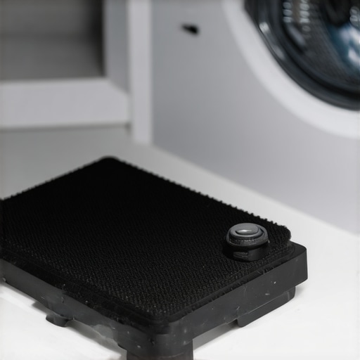 A washing machine foot secured on a rubber pad to prevent vibration and sliding inside a floor protector.