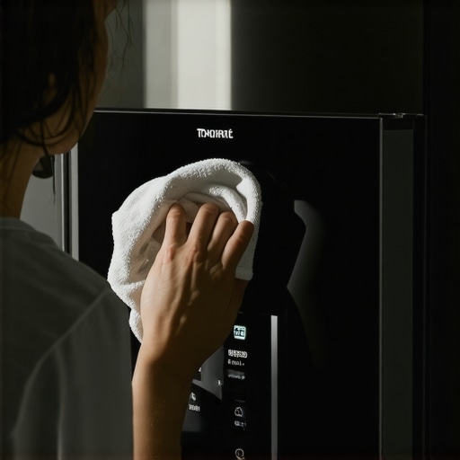 Microfiber cloth cleaning a digital smart fridge screen to prevent sensor degradation