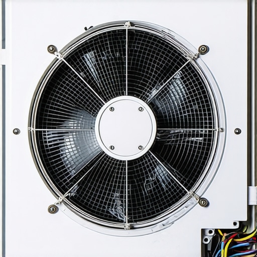 Close up of a refrigerator evaporator fan inside a freezer compartment with ice on blades
