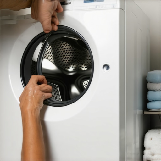 Removing a dirty washing machine pump filter Hands removing a clogged drain filter from a washing machine with water catching in a tray.