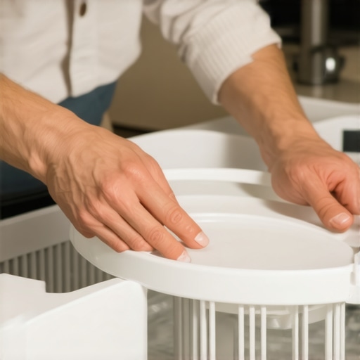 Hands twisting a manual-clean dishwasher filter from the base of the appliance