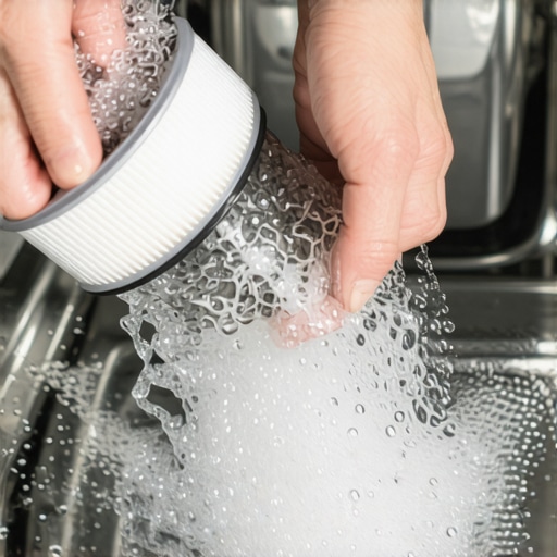 Close up of a person removing a clogged dishwasher filter to fix drainage issues