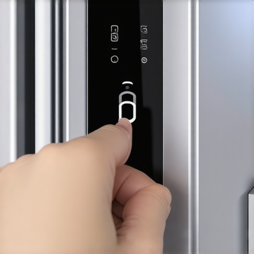 Resetting a Smart Refrigerator Panel Close-up of a hand pressing a reset button on a smart fridge display panel with a paperclip.
