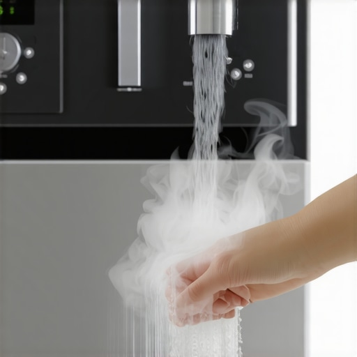 Running hot water before starting a dishwasher cycle Hand testing hot water at a kitchen sink next to a dishwasher to improve cleaning performance.