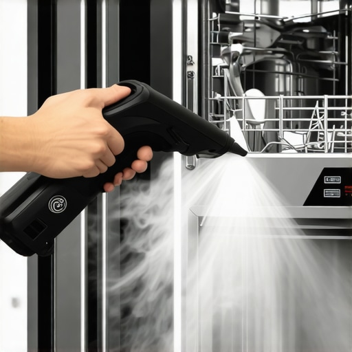 Sanitizing a Dishwasher Gasket with Steam A person cleaning a dishwasher seal using a handheld steam cleaner for maintenance.