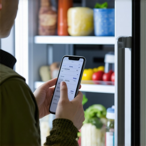 Scanning Receipts for Smart Fridge Inventory A person scanning a grocery receipt with a smartphone app synced to a smart refrigerator