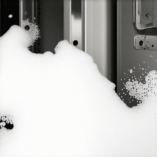 Scrud Buildup and Excessive Suds Close-up of waxy residue and soap suds in a high-efficiency washing machine