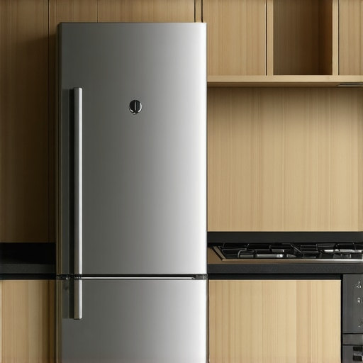 Slim Refrigerator in Small Apartment Kitchen A modern narrow refrigerator installed in a small kitchen showing perfect space optimization.