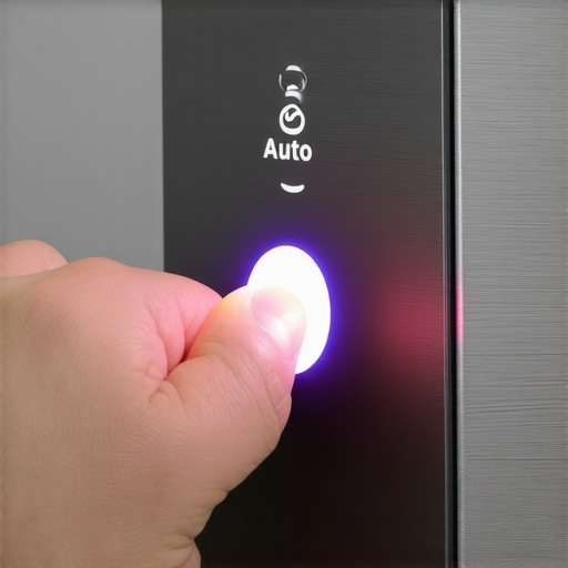Smart Appliance Control Panel Close-up of a finger touching the auto cycle button on a smart dishwasher or washing machine display.