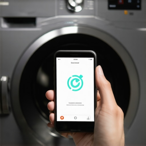 Person using smartphone app to diagnose a smart washing machine