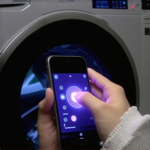 Smart Appliance Digital Diagnostic A person using a smartphone app to check the health and firmware status of a smart washing machine.