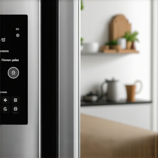 A digital display on a smart refrigerator showing a firmware update alert in a modern kitchen.