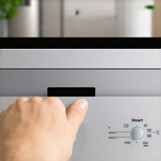 Smart Dishwasher Sensor Controls A person interacting with a high-tech smart dishwasher panel in a modern kitchen.