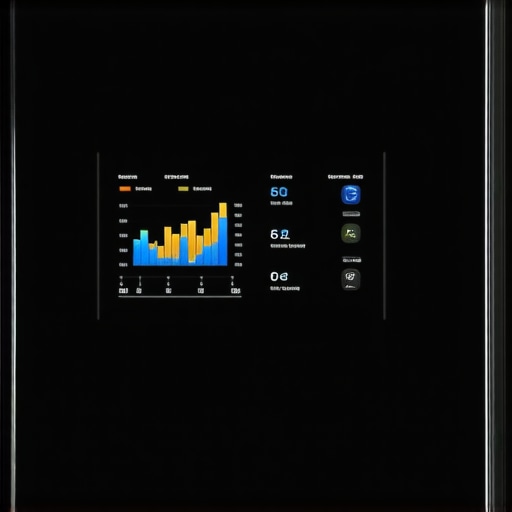 Smart Fridge Energy Interface A close up of a smart refrigerator digital display showing energy efficiency settings and maintenance alerts.