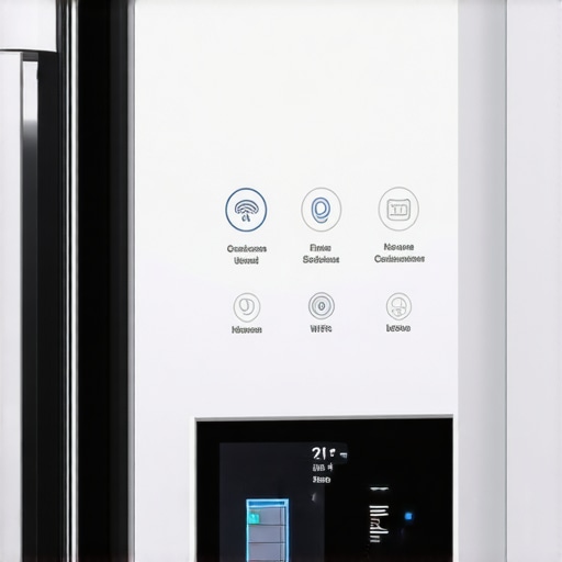 Smart Fridge Energy Monitoring Screen Close-up of a smart refrigerator screen showing energy consumption data and settings.