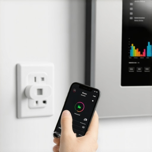 Smart plug for appliance energy monitoring Person using a smart plug to monitor energy efficiency of a kitchen appliance