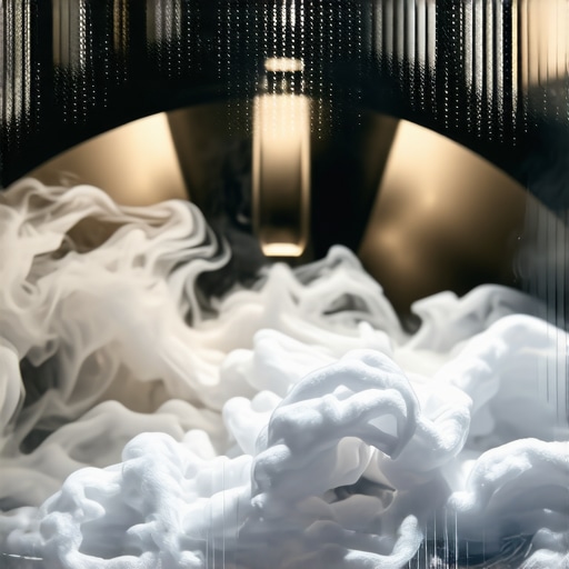 Steam vapor inside a washing machine drum Close-up of steam cycle in a modern washing machine penetrating white fabric.