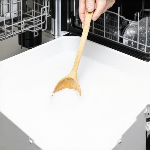Manual stirring of dishwasher salt to break a salt bridge and reset the sensor