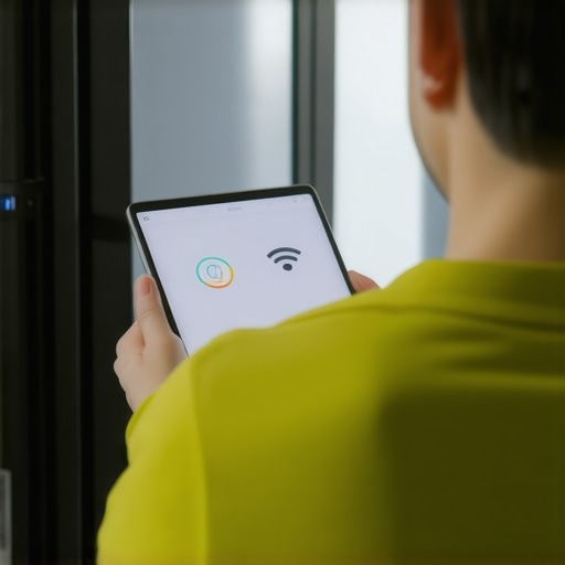 Synchronizing smart fridge with home network Person using tablet to manage smart refrigerator settings