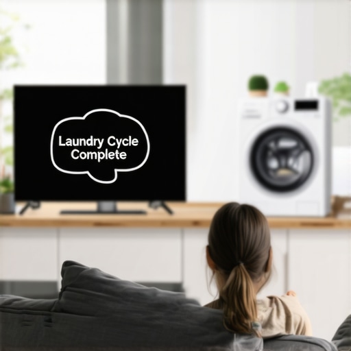 Syncing Smart Laundry Alerts to TV A smart home setup showing a laundry completion notification appearing on a living room television screen.