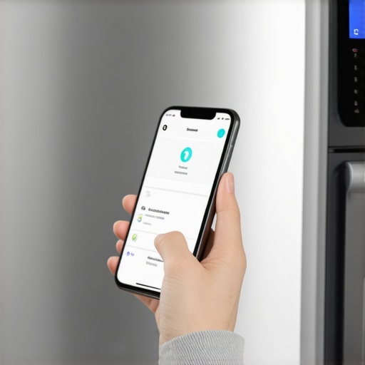 Hand holding a smartphone showing a grocery app next to a smart fridge screen.
