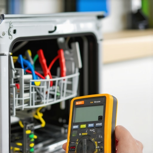 Testing Dishwasher Components with a Multimeter A digital multimeter being used to test the thermal fuse of a modern dishwasher for maintenance.