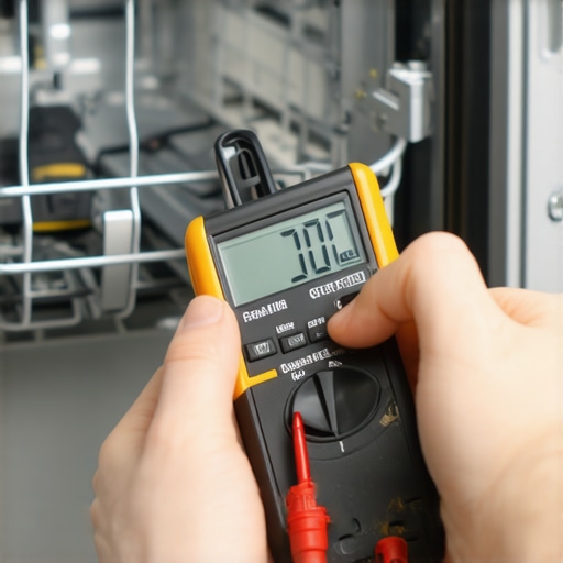 Testing Dishwasher Heating Element with Multimeter Digital multimeter testing electrical continuity on an appliance component.