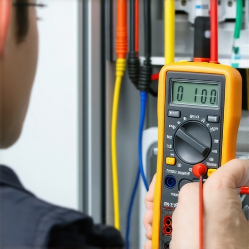 Testing Smart Fridge Electronics with a Multimeter A technician using a multimeter on a smart refrigerator's rear circuit board for maintenance.