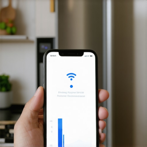 Person checking Wi-Fi analyzer app in front of a smart fridge