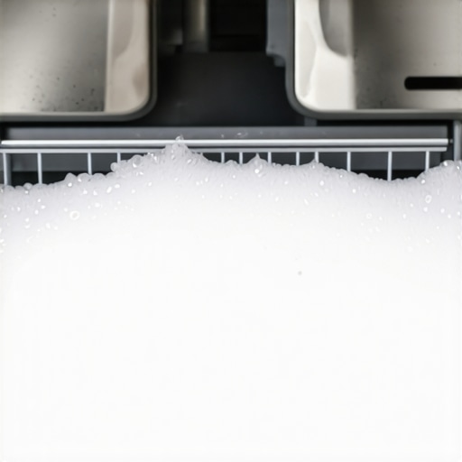The Danger of Excess Detergent Suds A washing machine drawer overflowing with soap suds due to over-use of detergent.