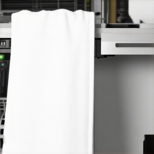 A white towel hanging over a dishwasher door to help dry plastic containers.