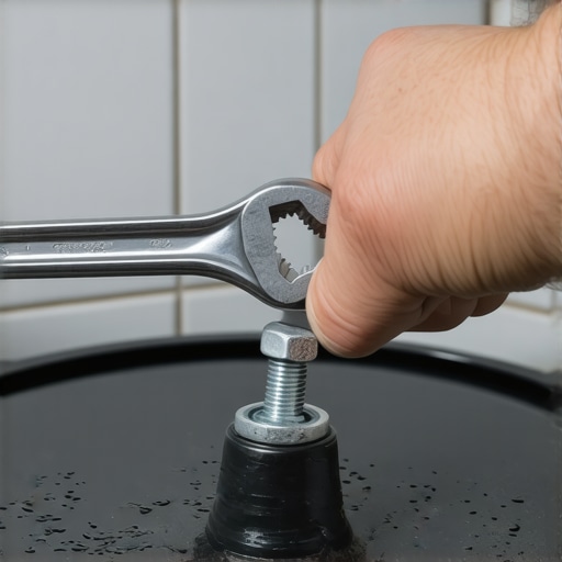 Close up of a wrench tightening a washing machine leveling leg on a tile floor