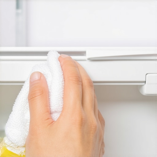 A person rubbing oil onto a yellow food stain inside a white refrigerator to lift the pigment.