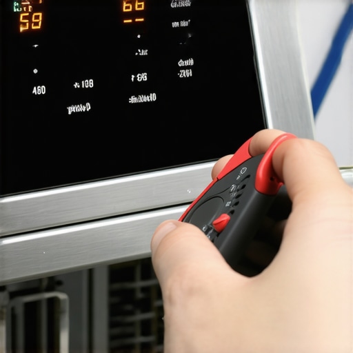 A technician testing the electronic sensors of a modern dishwasher control panel.